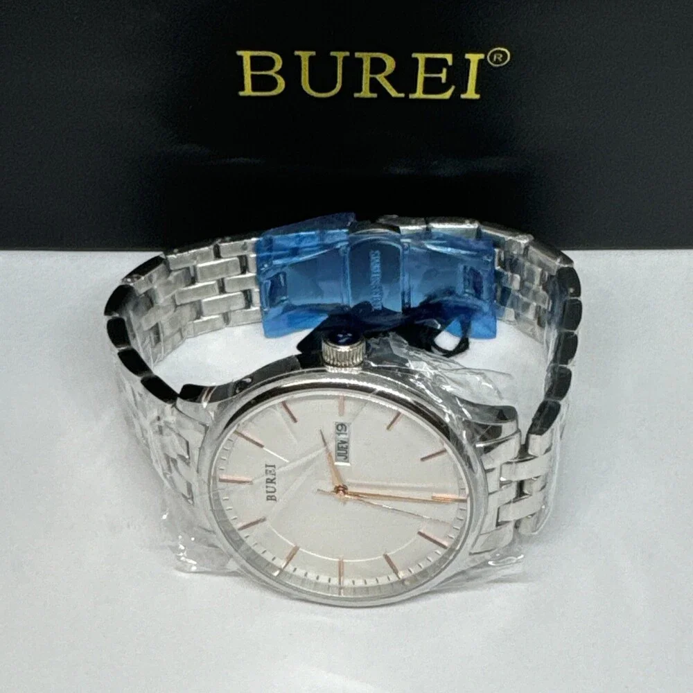 Burei S-13001M Men's Silver Stainless Steel Analog White Dial Quartz Watch JNA48